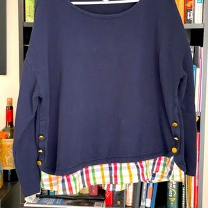 Super cute dark blue sweatshirt with gold colored buttons on sleeves. Size PXL